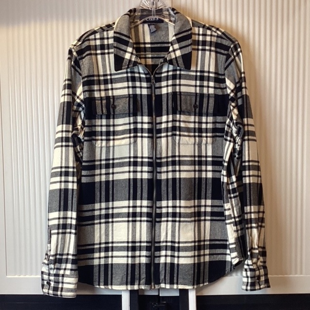 Chaps Denim Plaid Zip Up Flannel Shirt‎ Jacket Long Sleeve Unisex L